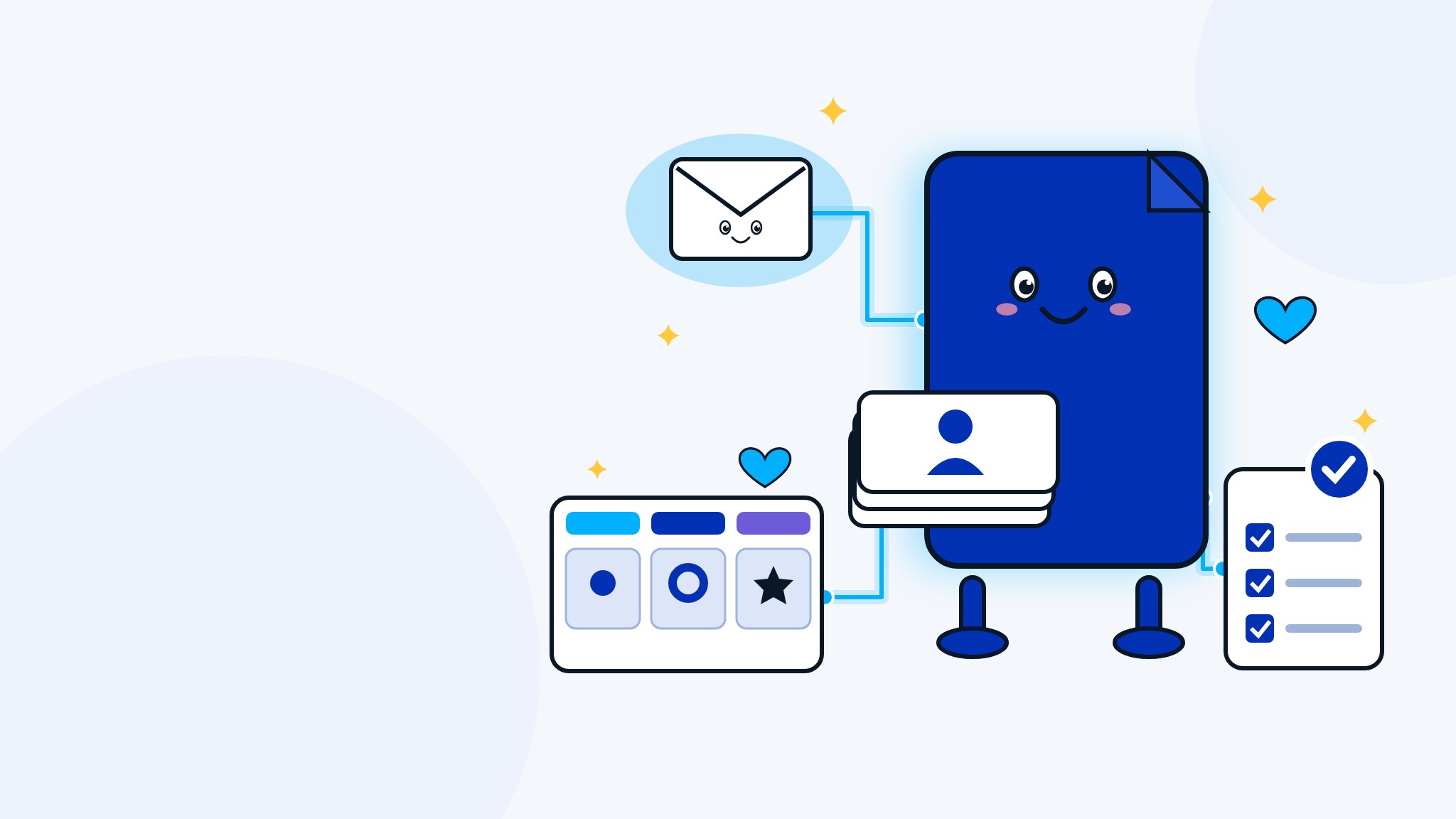 Illustration: Ein freundliches CRM hält Kontaktkarten und ist mit Postfach, Deal-Pipeline und Projekt-Checkliste verbunden