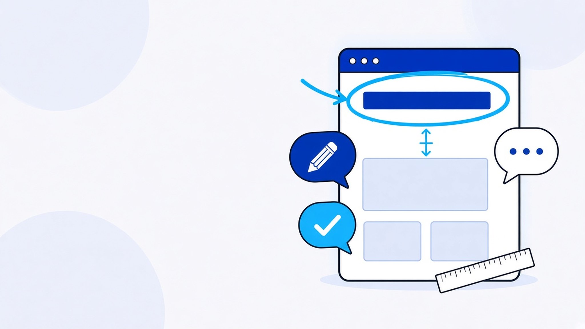 Illustration: Ein Browserfenster mit Webseiten-Entwurf, die Headline ist eingekreist, ein Pfeil zeigt den Abstand an, daneben Sprechblasen mit Stift und Häkchen und ein Lineal